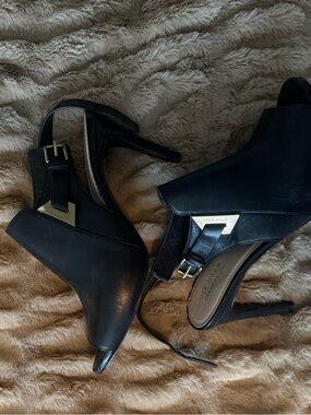 Cole Haan Black Leather Slingback Stiletto Heels with Gold Accents